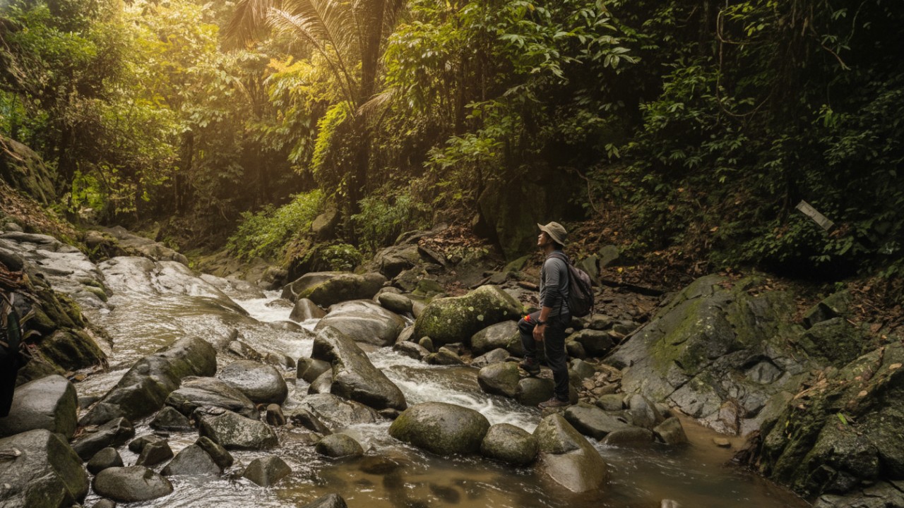 Sungai Batu Riko dengan aliran jernih di atas formasi batu alami, visual yang memikat.