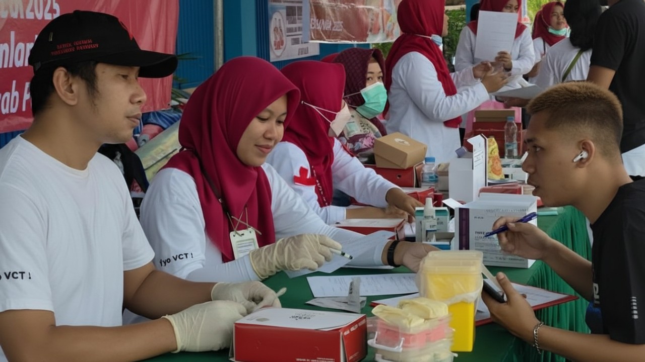 Petugas kesehatan melakukan pemeriksaan HIV gratis di Lapangan Merdeka dengan suasana publik yang aktif, edukatif, dan penuh interaksi.