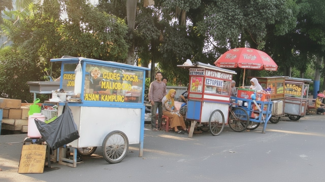 Kawasan kuliner terpadu dengan fasilitas rapi, lampu hangat, dan aktivitas ekonomi rakyat yang hidup