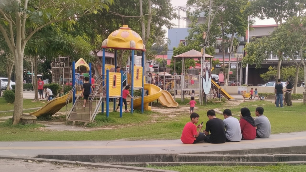 Taman 3 Generasi kota Balikpapan ramah anak dan lansia dengan jalur landai, area teduh, dan aktivitas warga yang hidup.