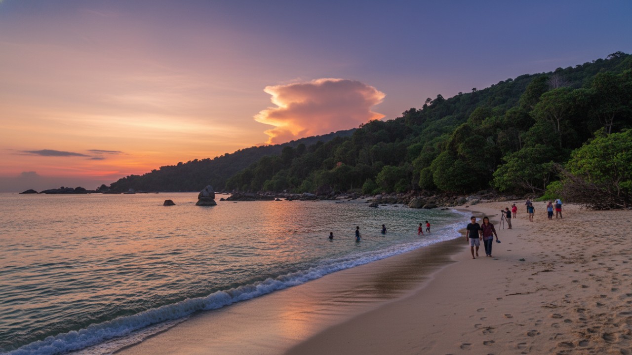 Hamparan pasir putih dan air laut jernih Pasir Mayang dengan nuansa sunset yang memanjakan mata, visual alami yang memikat.