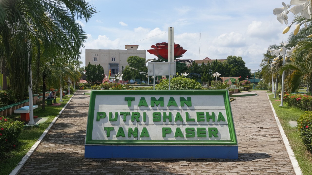 Pengunjung menikmati suasana hijau Taman Putri Soleha, visual adem dengan cahaya sore yang menenangkan.
