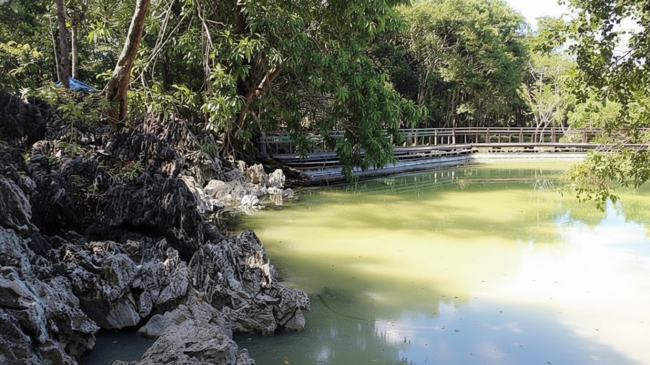 Pengunjung berendam di kolam air panas alami Danum Layong dengan latar pepohonan hijau yang menenangkan, visual healing alami.