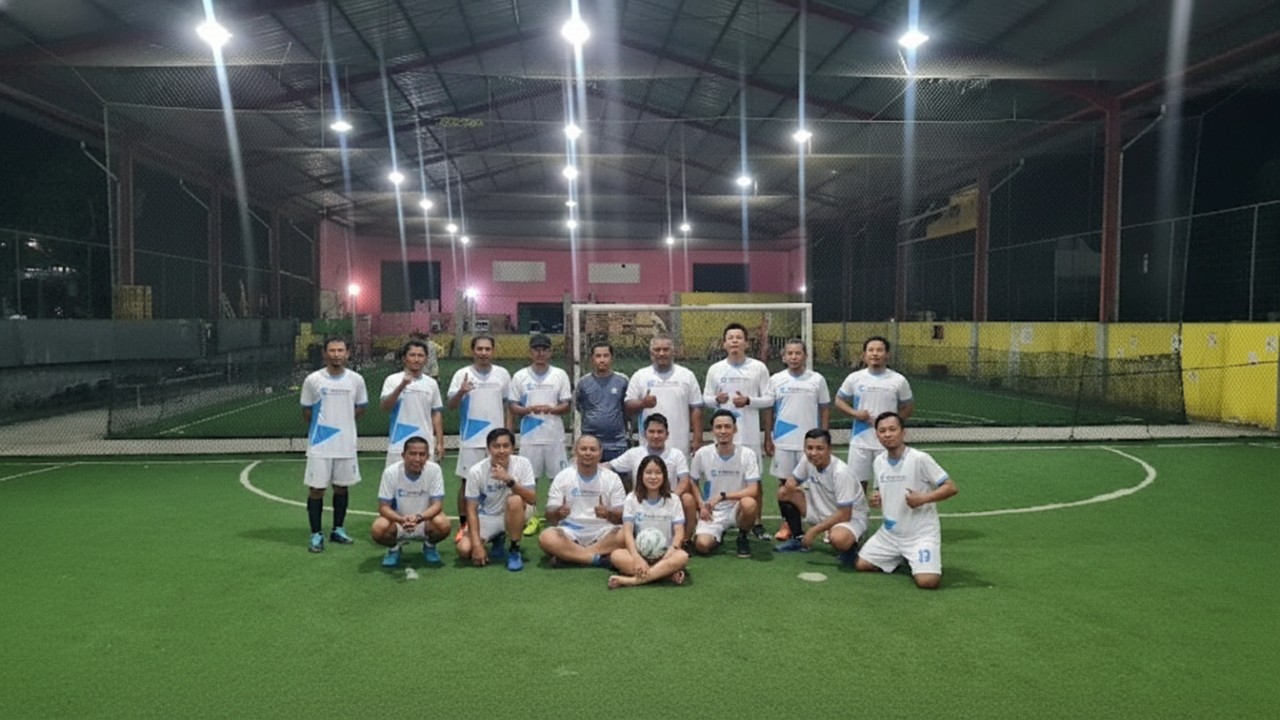 Lapangan Kalila Futsal Waru dengan aktivitas pemain, menonjolkan energi, cahaya malam, dan suasana kompetitif yang hidup.