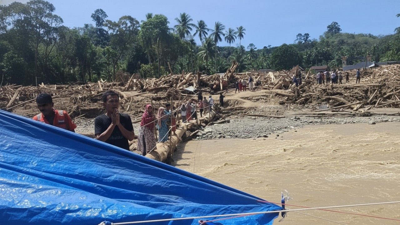 Korban banjir bandang Sumatera, rumah rusak parah, visual lumpur tebal, dan relawan menembus akses terputus  gambaran nyata darurat kemanusiaan.