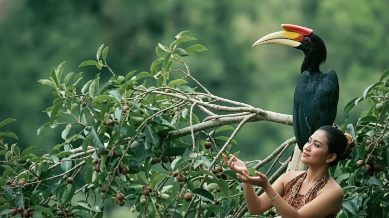 Burung Enggang Kalimantan bertengger di dahan pohon tinggi, menonjol dengan paruh besar dan warna kontras &mdash; visual yang langsung mencuri perhatian.