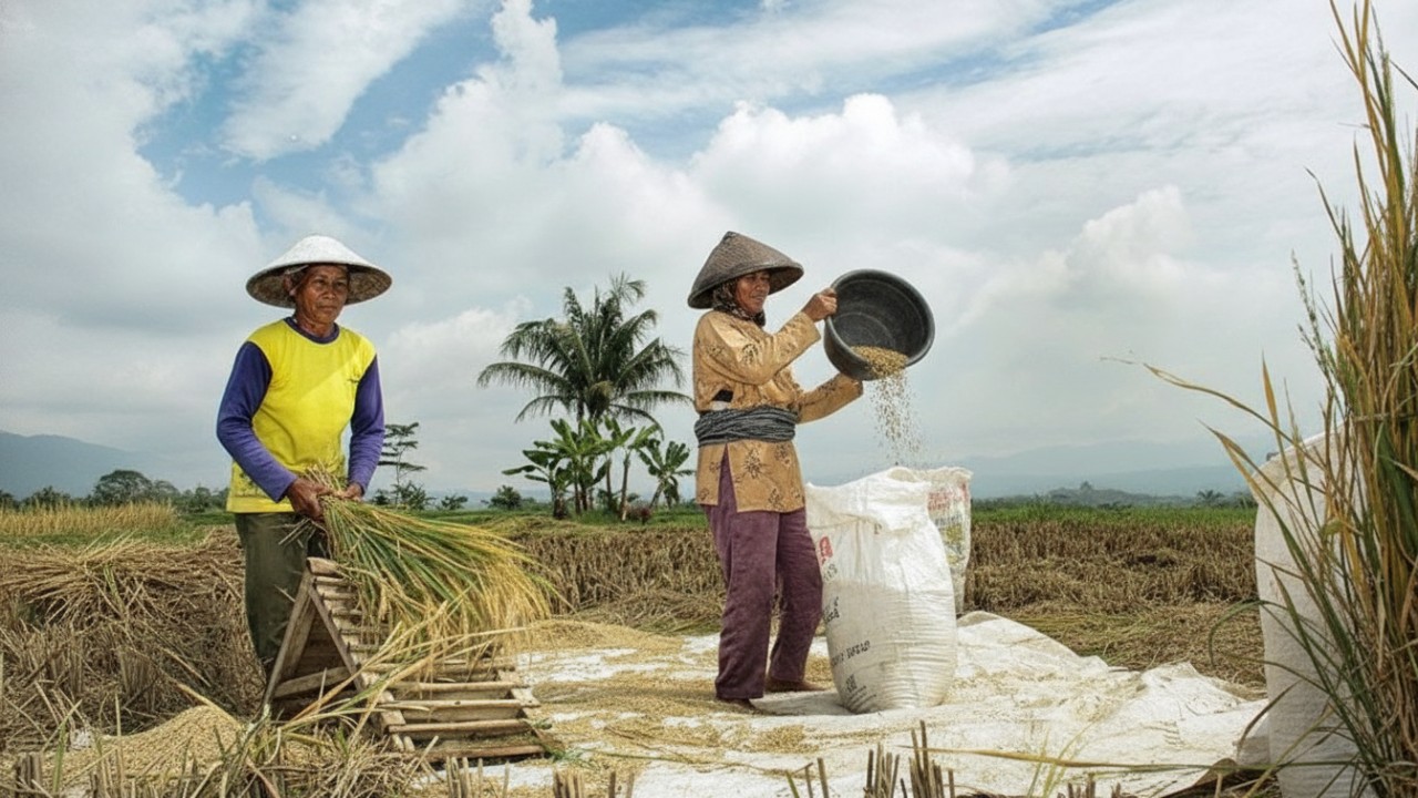 Petani padi PPU sedang bekerja di sawah modern, visual kemajuan alat dan suasana panen.