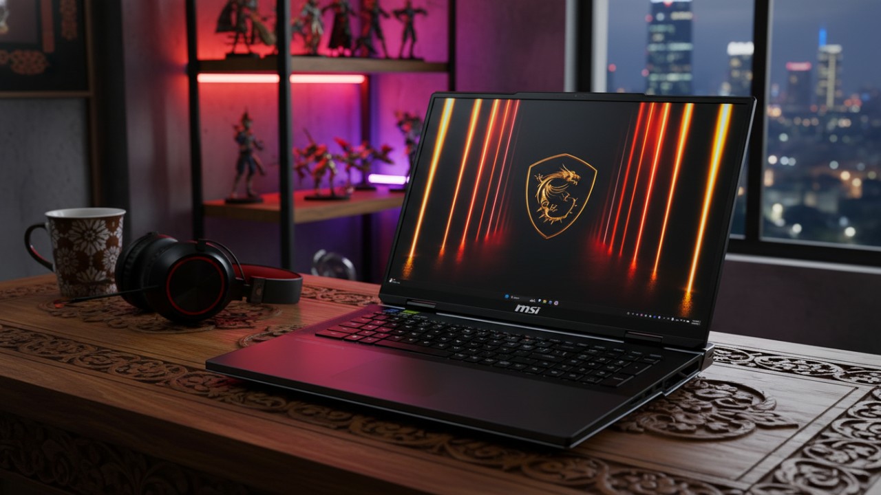 MSI Titan 18HX AI &mdash; laptop gaming raksasa dengan layar MiniLED 4K, visual epik, dan nuansa kekuatan maksimal.