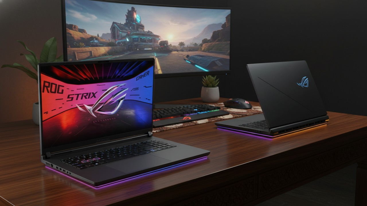 ASUS ROG Strix G18 2025 &mdash; visual close-up desain futuristis dengan pencahayaan RGB yang mencuri pandangan.