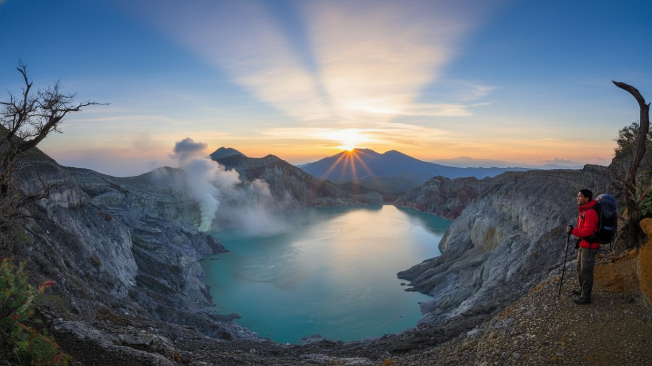 Gunung Ijen Banyuwangi &ndash; panorama kawah hijau toska dan Blue Fire yang menyala dramatis, suguhan visual memikat.