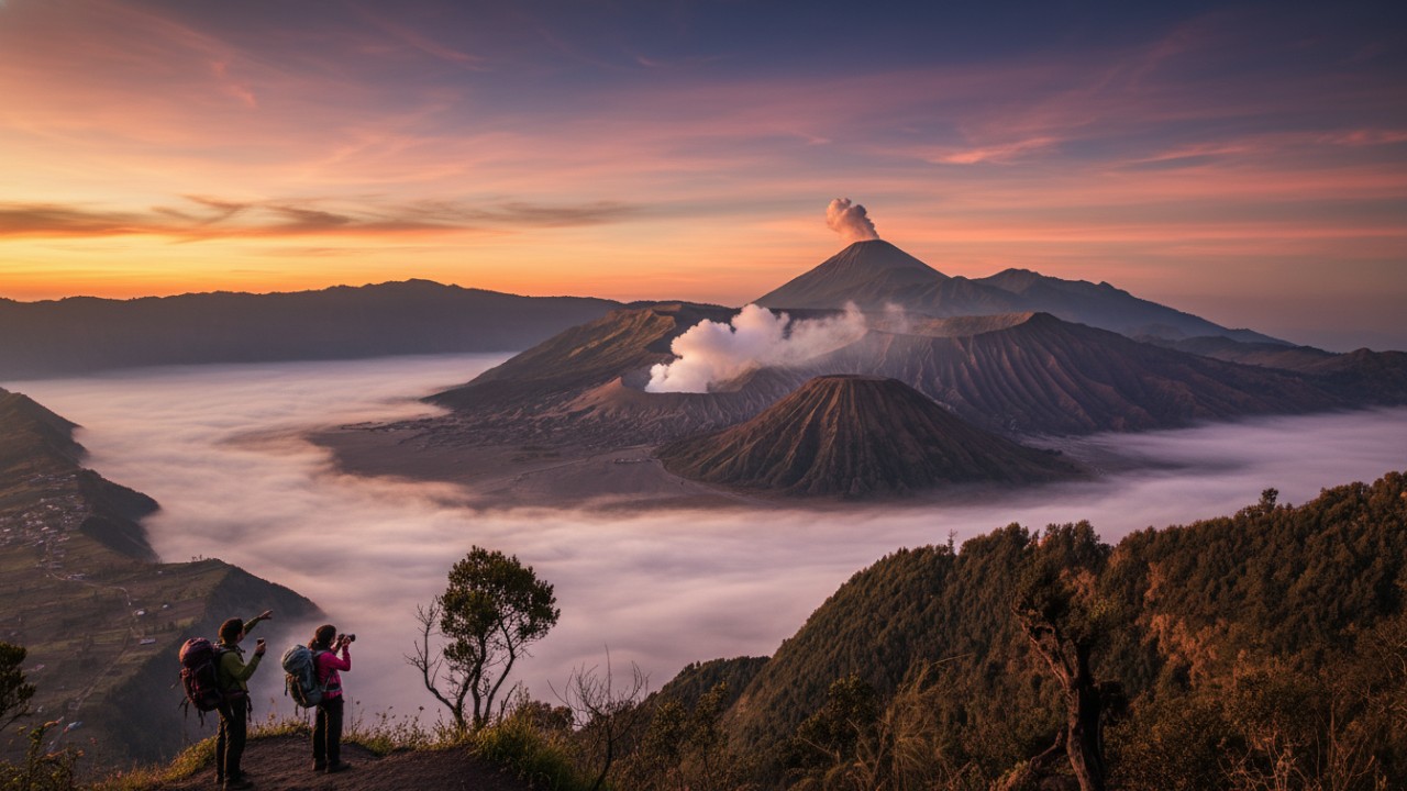 Panorama sunrise Bromo dengan Lautan Pasir dan siluet gunung, menghadirkan visual dramatis yang memikat mata.