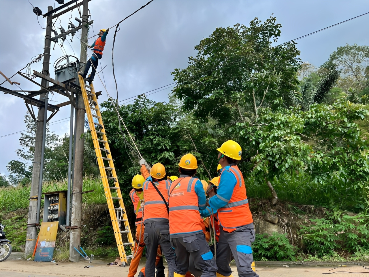 Petugas PLN menarik jaringan listrik secara bersama di Adian Koting, Tapanuli Utara.