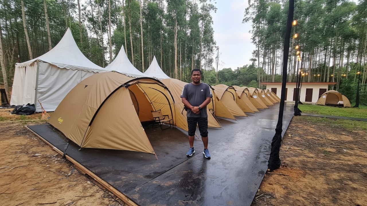 Tenda glamping estetik berlatar hutan Kalimantan dengan sinar pagi sebagai hook visual alami.