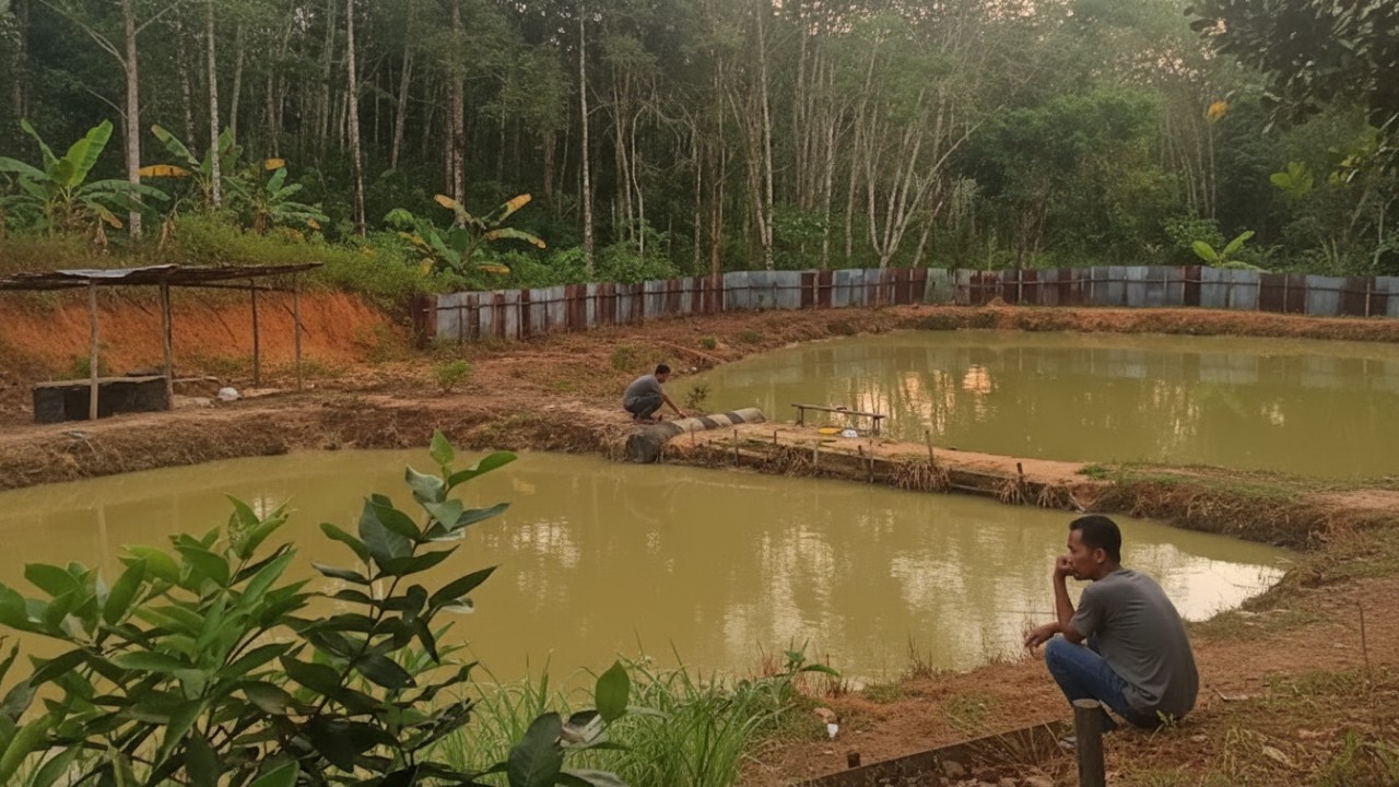 Pengunjung memancing di SINTAK Fishing Area Sepaku dengan latar pepohonan rindang dan suasana tenang yang menyejukkan mata.