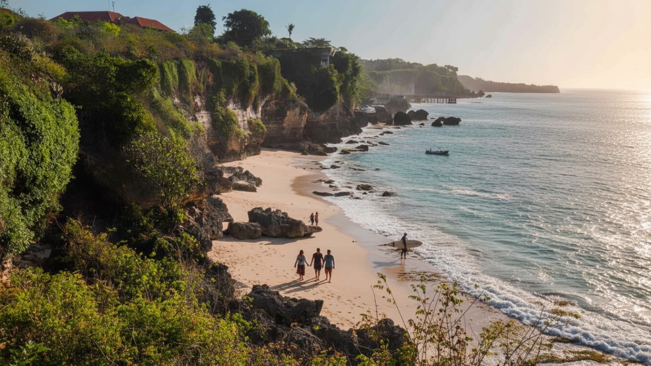 Tegal Wangi Beach Jimbaran &ndash; tebing megah, ombak biru, dan cahaya sunset dramatis sebagai visual hook.