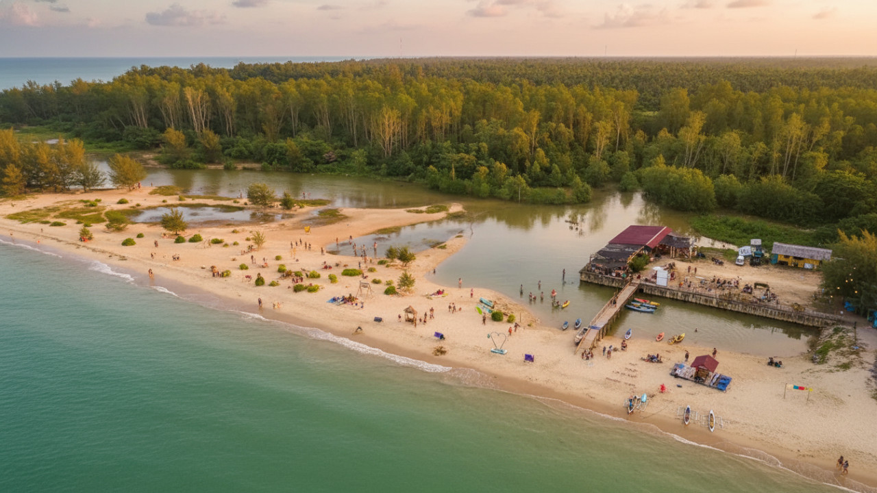 Panorama Pantai Nipah-Nipah di PPU dengan cahaya Teluk Balikpapan saat sore hari, visual lembut dan memikat mata pengunjung.