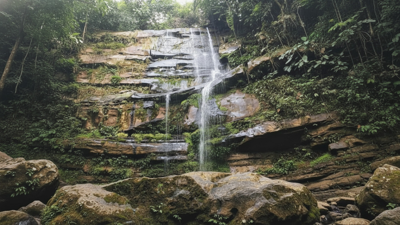 Air Terjun Tembinus dengan tebing batu tinggi, pancuran deras, dan panorama hutan tropis &mdash; visual yang langsung bikin ikam pengen nyebur.