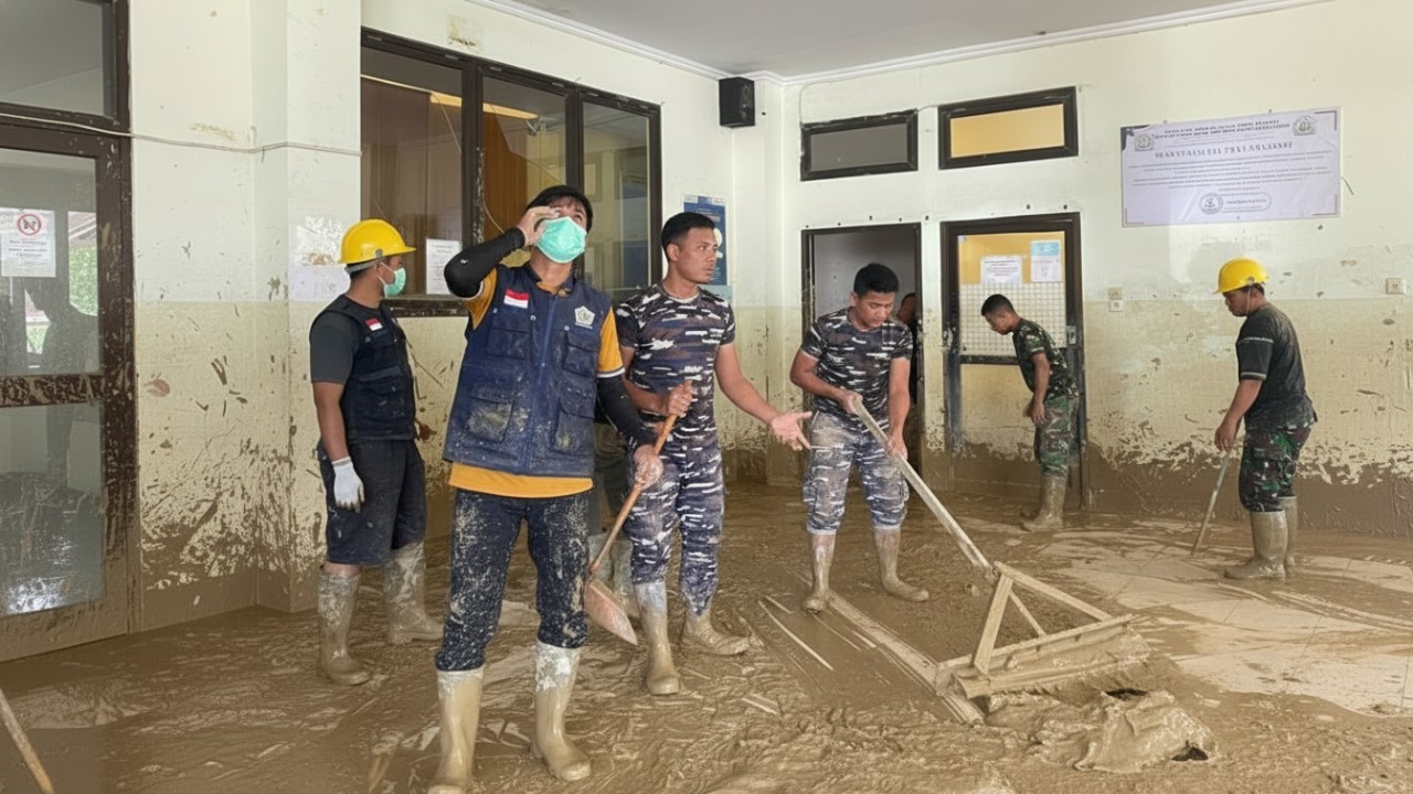 Prajurit TNI AL membersihkan IGD RSUD Aceh Tamiang pascabanjir, visual aksi cepat pemulihan layanan publik.