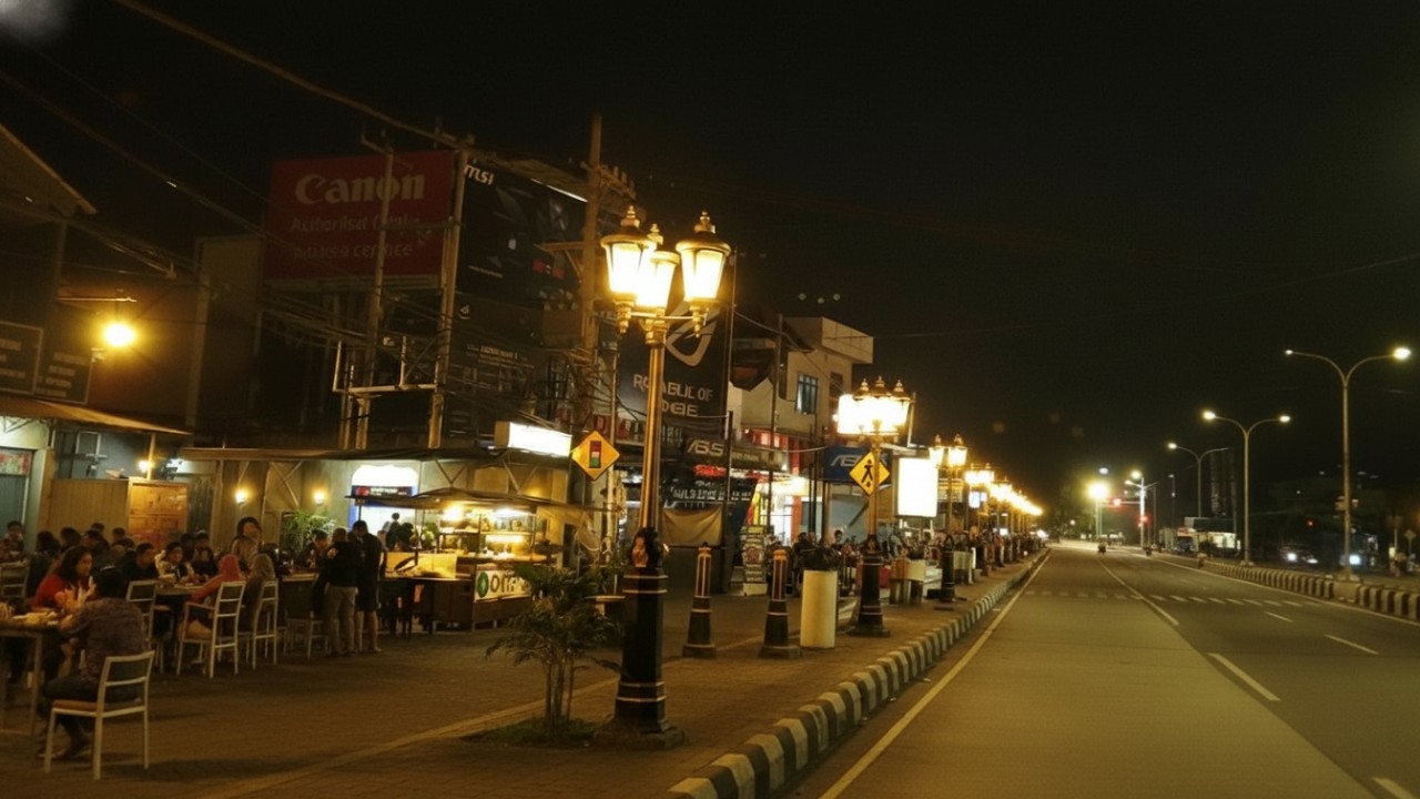 Keramaian MT Haryono DAM di malam hari dengan lampu-lampu estetik, visual yang memancing rasa ingin berkunjung.