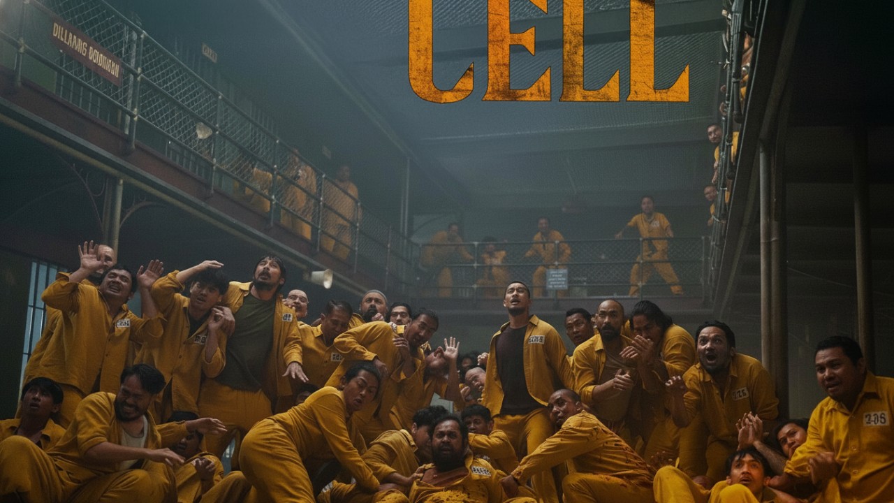 Ilustrasi penjara gelap dengan cahaya redup dan siluet misterius, menonjolkan nuansa horor-komedi Ghost in the Cell.
