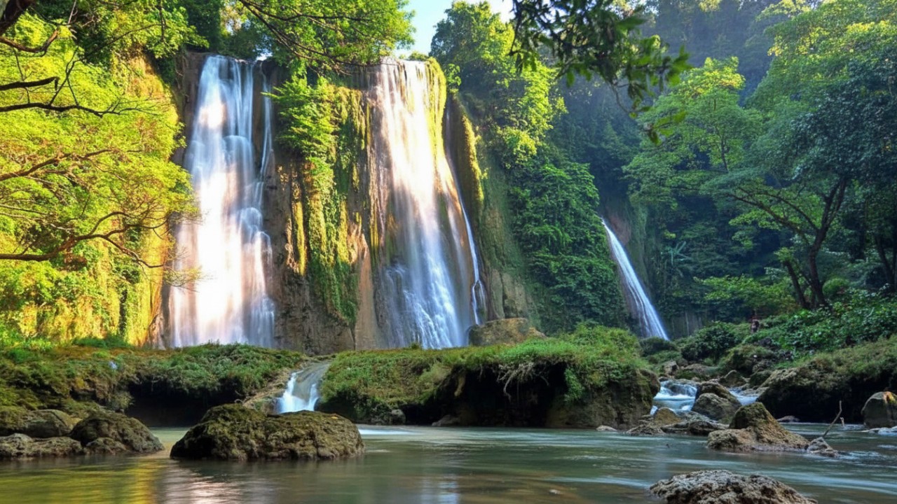 Panorama Geopark Ciletuh dengan tebing besar, air terjun, dan horizon pegunungan &ndash; visual yang langsung memikat mata.