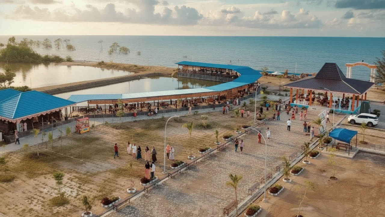 Pantai Istana Amal PPU dengan pasir putih, air jernih, wahana bermain, dan suasana teduh&mdash;visual yang memancing rasa ingin liburan.