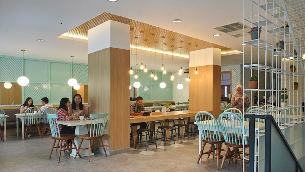 Interior homey Decafe Samarinda dengan pastry fresh sebagai fokus visual yang menarik perhatian.