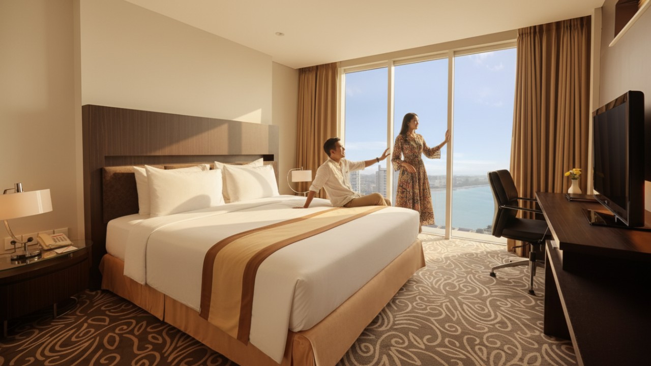 Pasangan suami istri menikmati panorama matahari terbenam dari salah satu kamar hotel di Balikpapan.