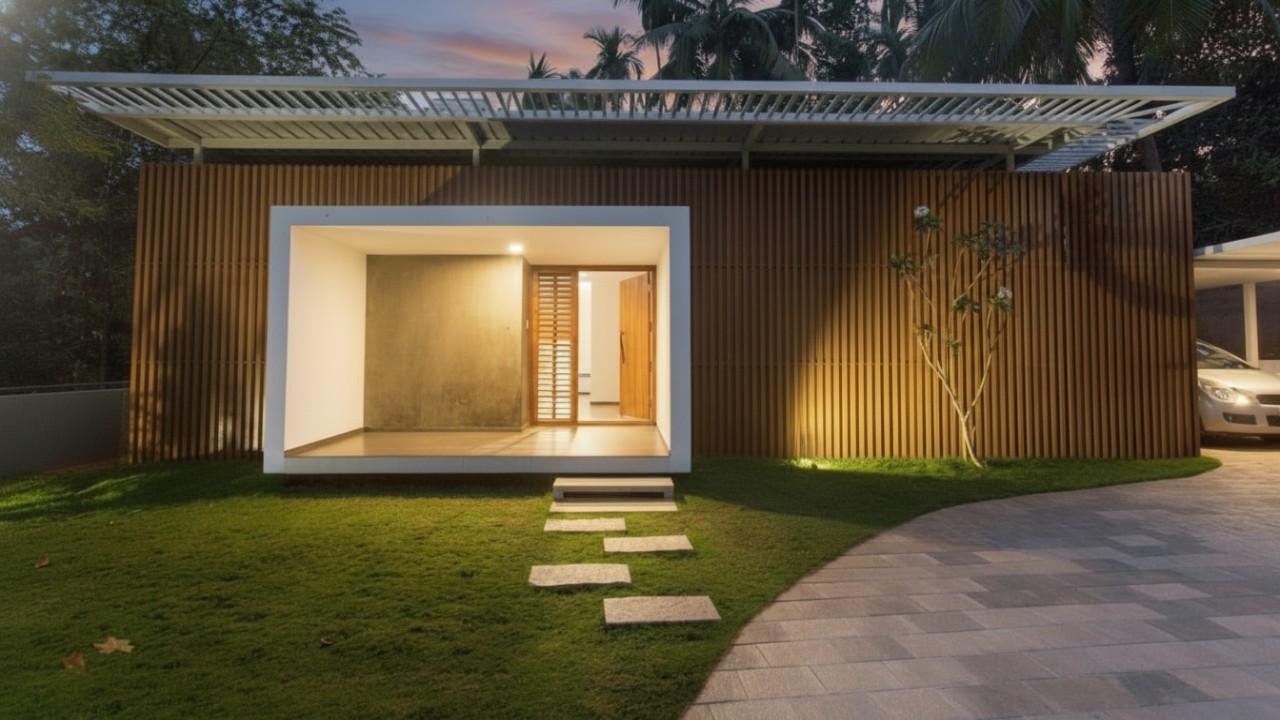 Tampak depan rumah sederhana dengan garis horizontal dominan, fa&ccedil;ade minimalis, dan nuansa elegan yang mengundang rasa penasaran.