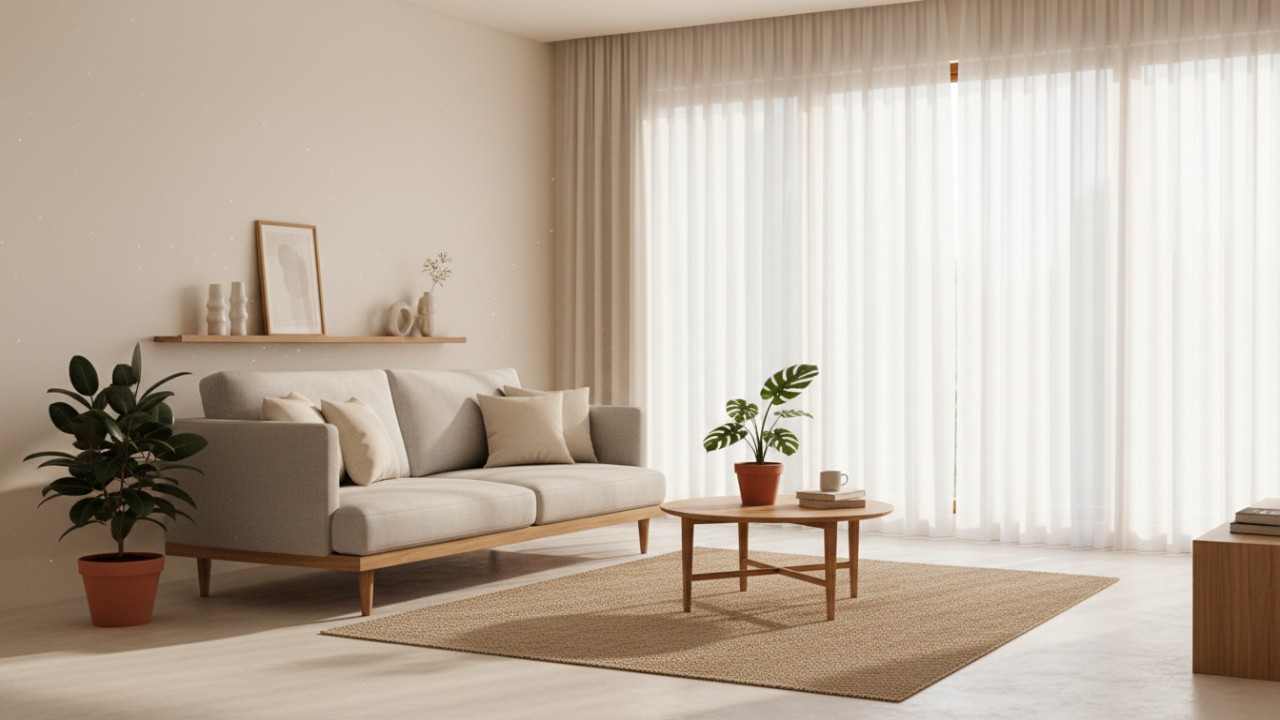 Tampilan ruang keluarga minimal yang lapang dengan furnitur sederhana, cahaya alami masuk luas, dan suasana menenangkan sebagai inspirasi rumah rapi.