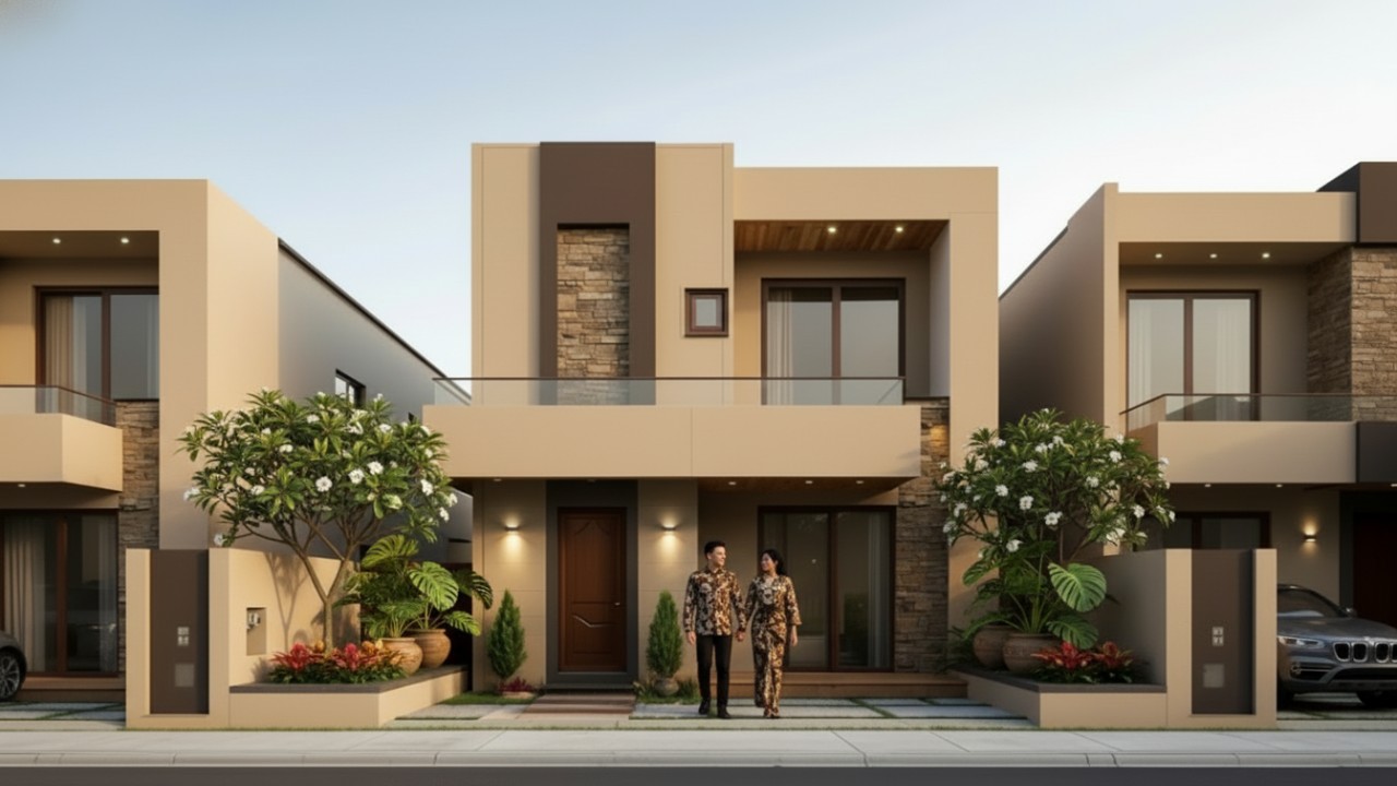 Rumah minimalis modern dengan garis bersih dan sentuhan tropis yang menyatu dengan lingkungan