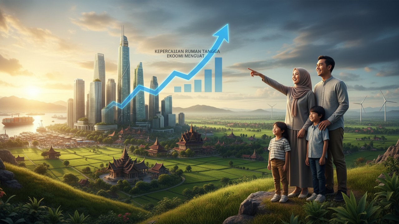 Grafik indeks keyakinan konsumen Indonesia yang meningkat, menggambarkan optimisme rumah tangga dan peluang ekonomi lebih cerah.