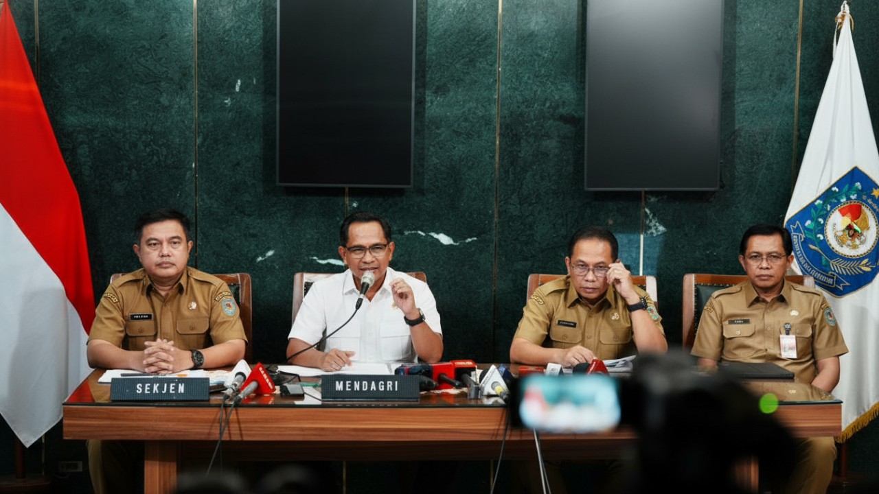 Momen konferensi pers Kemendagri membahas sanksi Bupati Aceh Selatan, menegaskan aturan perjalanan luar negeri dan tanggung jawab kepala daerah Cess.
