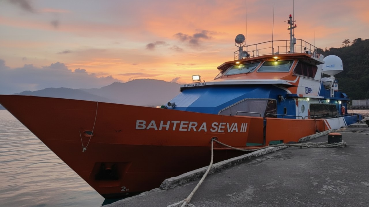 Kapal layanan Teras BRI Kapal bersandar di pesisir, menghadirkan layanan keuangan yang menjangkau masyarakat pulau dengan pendekatan inklusif.