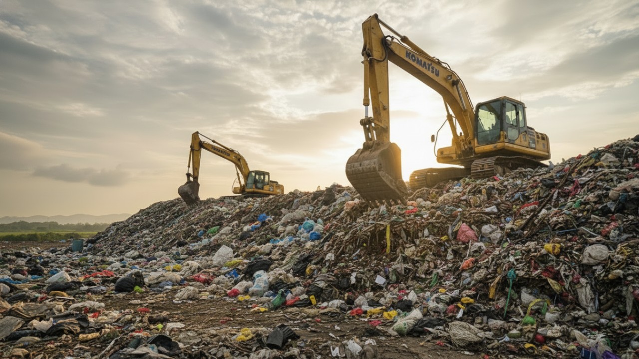 Alat berat mengeruk tumpukan sampah di TPA Manggar, Balikpapan.