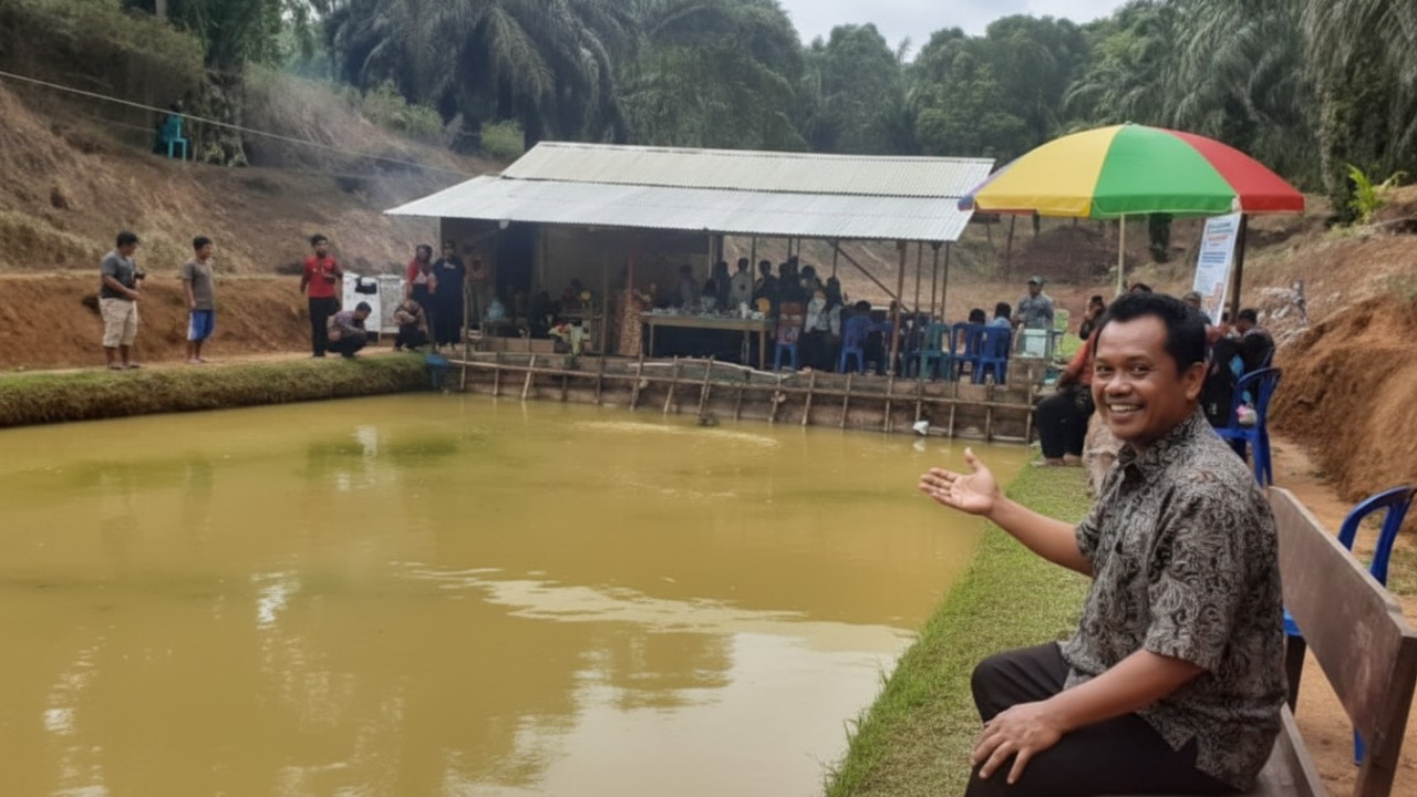 Suasana pemancingan Lekuk Perahu Long Ikis dengan pepohonan hijau dan kolam tenang&mdash;tempat santai menikmati ikan segar dan udara adem.