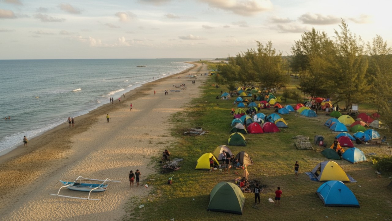 Pemandangan Pantai Batakan Balikpapan dengan pasir kecokelatan dan cemara laut yang teduh, menghadirkan suasana santai khas pesisir.