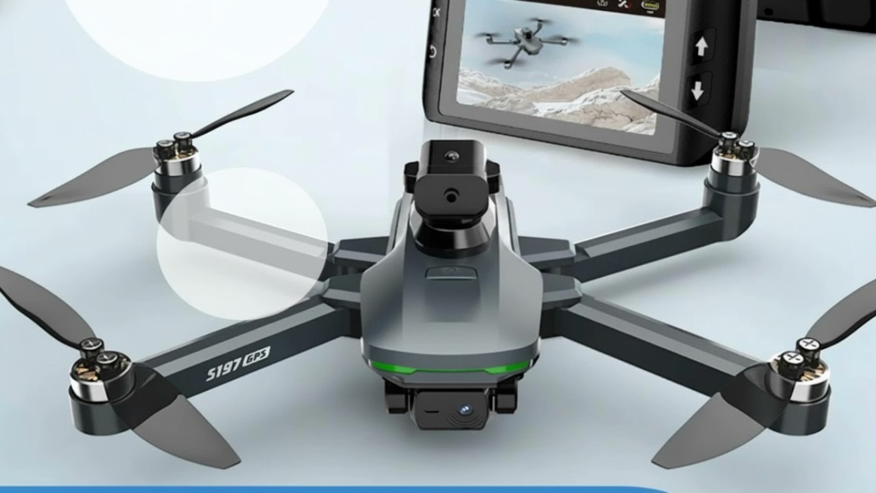 2025 New S197 Drone terbang rendah dengan remote layar bawaan, visual simple namun menarik sebagai hook pemula.