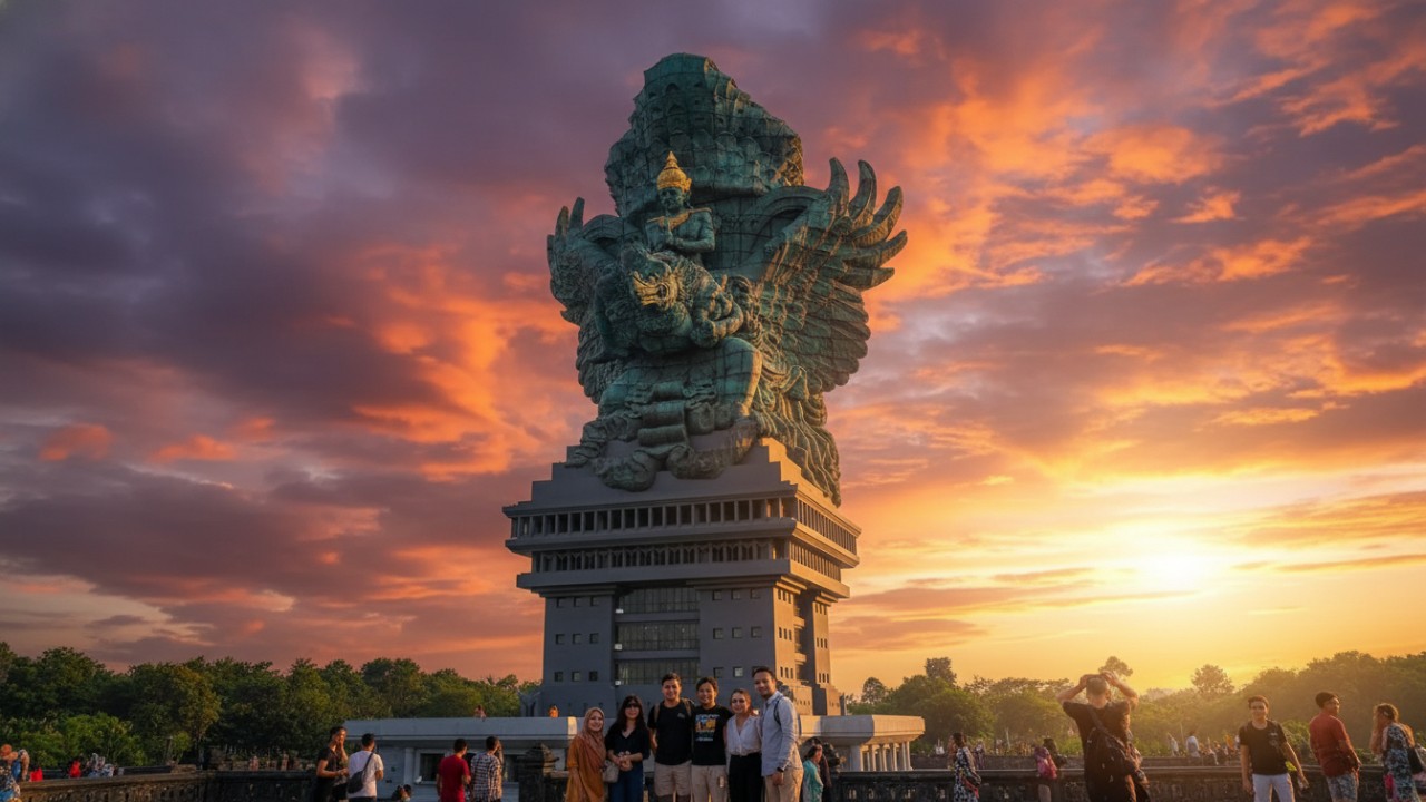 Patung Garuda Wisnu Kencana megah berdiri, visual dramatis dengan cahaya sunset sebagai latar.