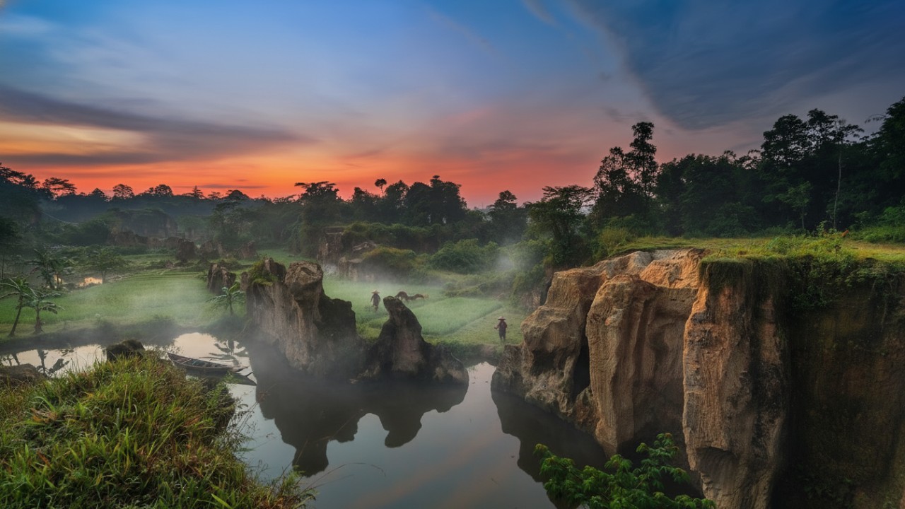 Tebing Koja Tangerang &ndash; visual tebing alami bertekstur dramatis dengan pantulan cahaya sore yang menawan.