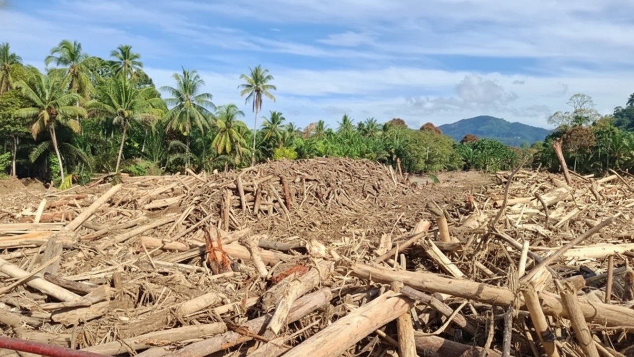Potret banjir Sumatera dengan potongan sampah kayu-kayu hasil pembabatan hutan, menggambarkan ketegangan antara industri dan lingkungan.