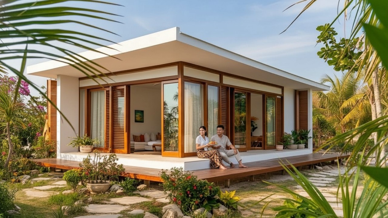Rumah minimalis modern dengan komposisi warna earth-tone yang cerah dan pencahayaan alami