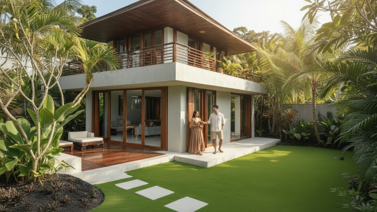Tampak depan rumah minimalis tropis dengan bukaan besar dan material natural yang mendukung aliran udara.