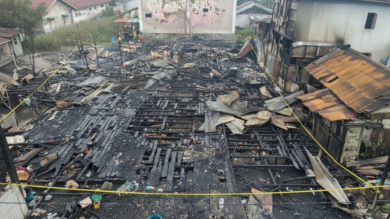 Puing-puing bangunan yang hangus terbakar di Jalan Poros Anggana, Kukar, Kamis (11 Desember 2025).