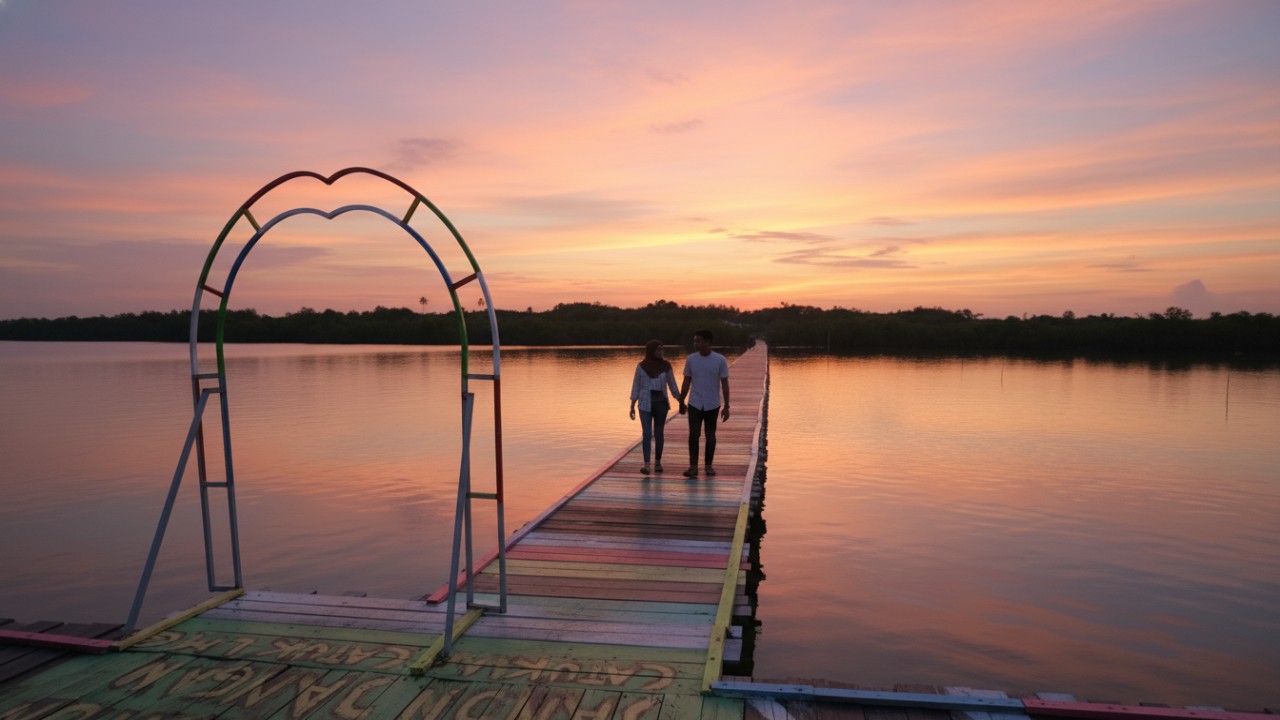 Dermaga warna-warni Pantai Gelora Api-Api yang memanjang ke laut dengan latar mangrove, cocok untuk foto dan menikmati suasana tenang.