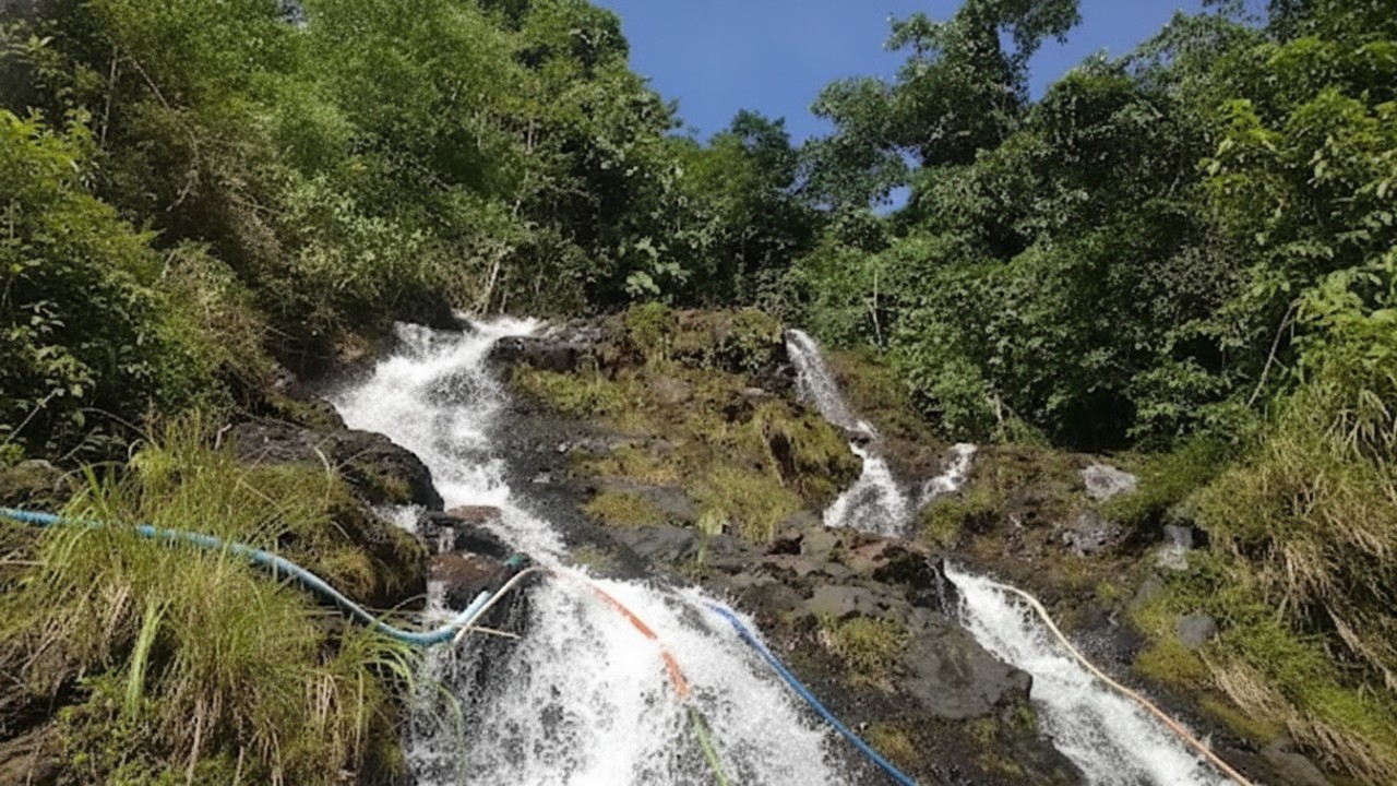 Air Terjun Gunung Rambutan di tepi jalan poros Paser: aliran air segar, tebing alami, dan suasana sejuk yang memikat pelintas.