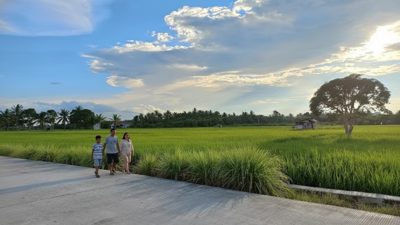 Hamparan sawah hijau di Waru dengan suasana pedesaan alami, cocok untuk healing dan wisata komunitas.