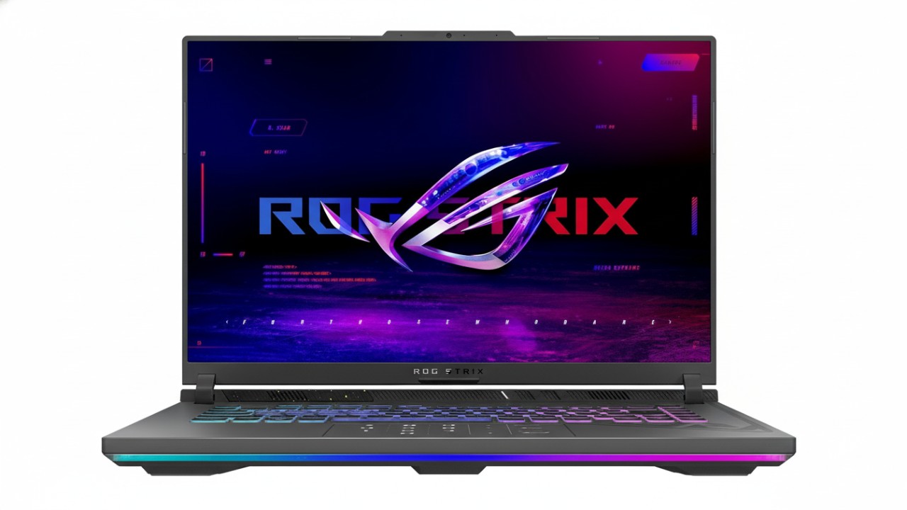 Visual ROG Strix G16 menampilkan desain kokoh, layar besar, dan atmosfer performa tinggi yang langsung memikat mata.
