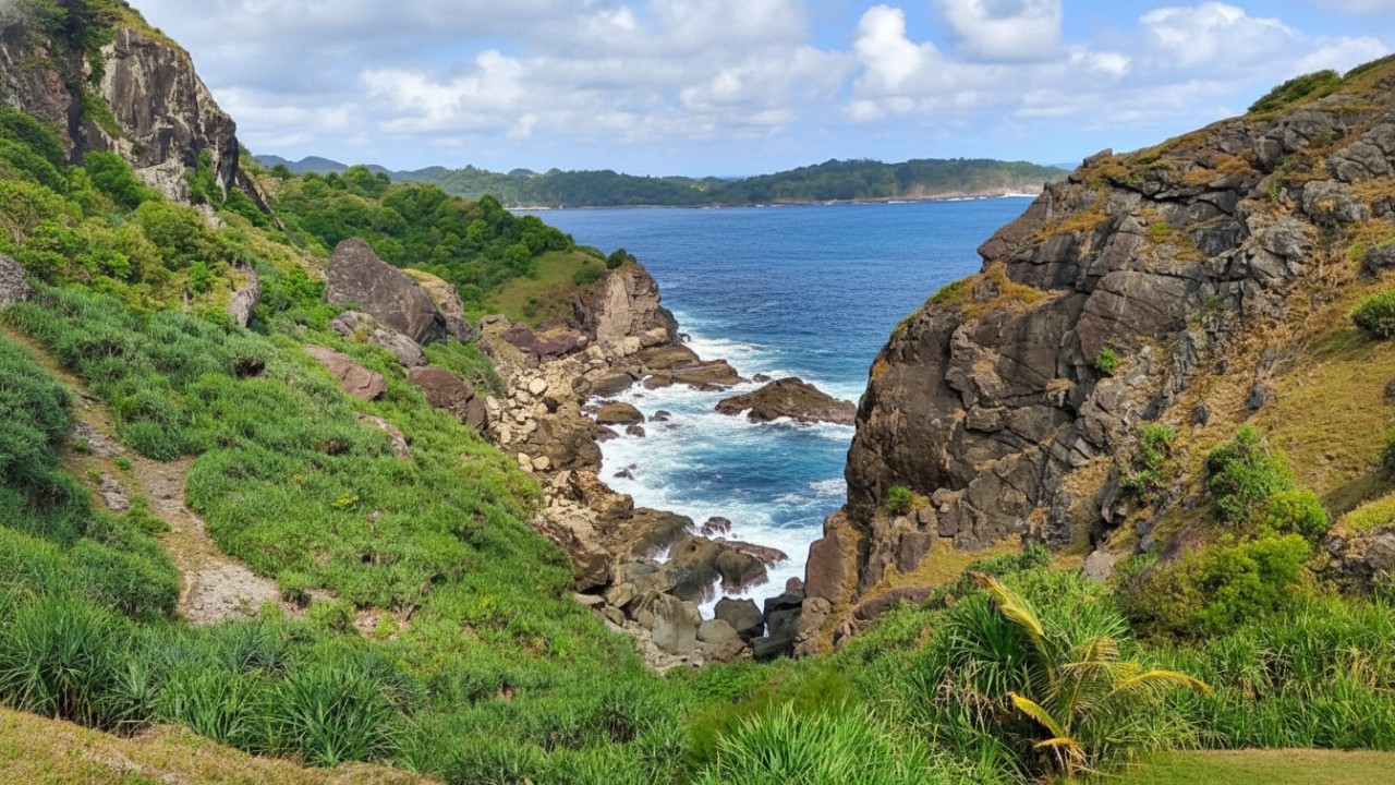 Panorama Bukit Pengilon dengan hamparan rumput hijau luas dan lautan biru sebagai latar visual yang memikat mata.