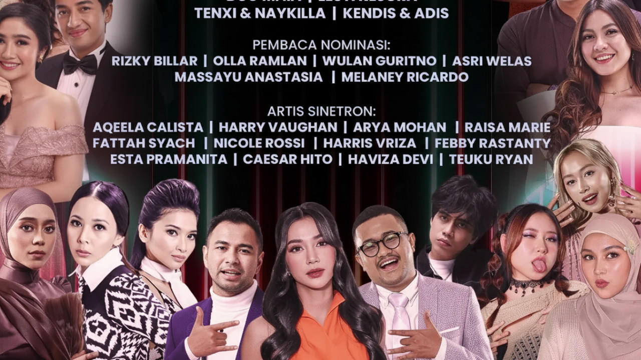 Panggung megah Infotainment Awards 2025 dengan cahaya gemerlap dan selebriti tampil energik sebagai pusat perhatian malam penghargaan.